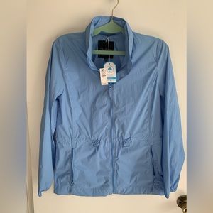 Water resistant lightweight rain jacked with hidden hood